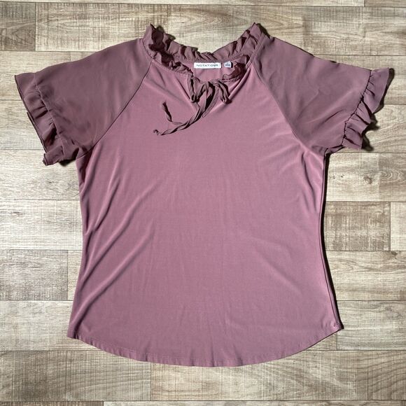 Notations Top Blouse Size L Short Sleeve Pink Ruffle Trim - Picture 1 of 7